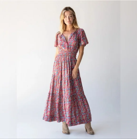 NATURAL LIFE | Dresses | Natural Life Bella Maxi Dress Red Olive Leaf  Tiered Boho Women Size Xs | Poshmark